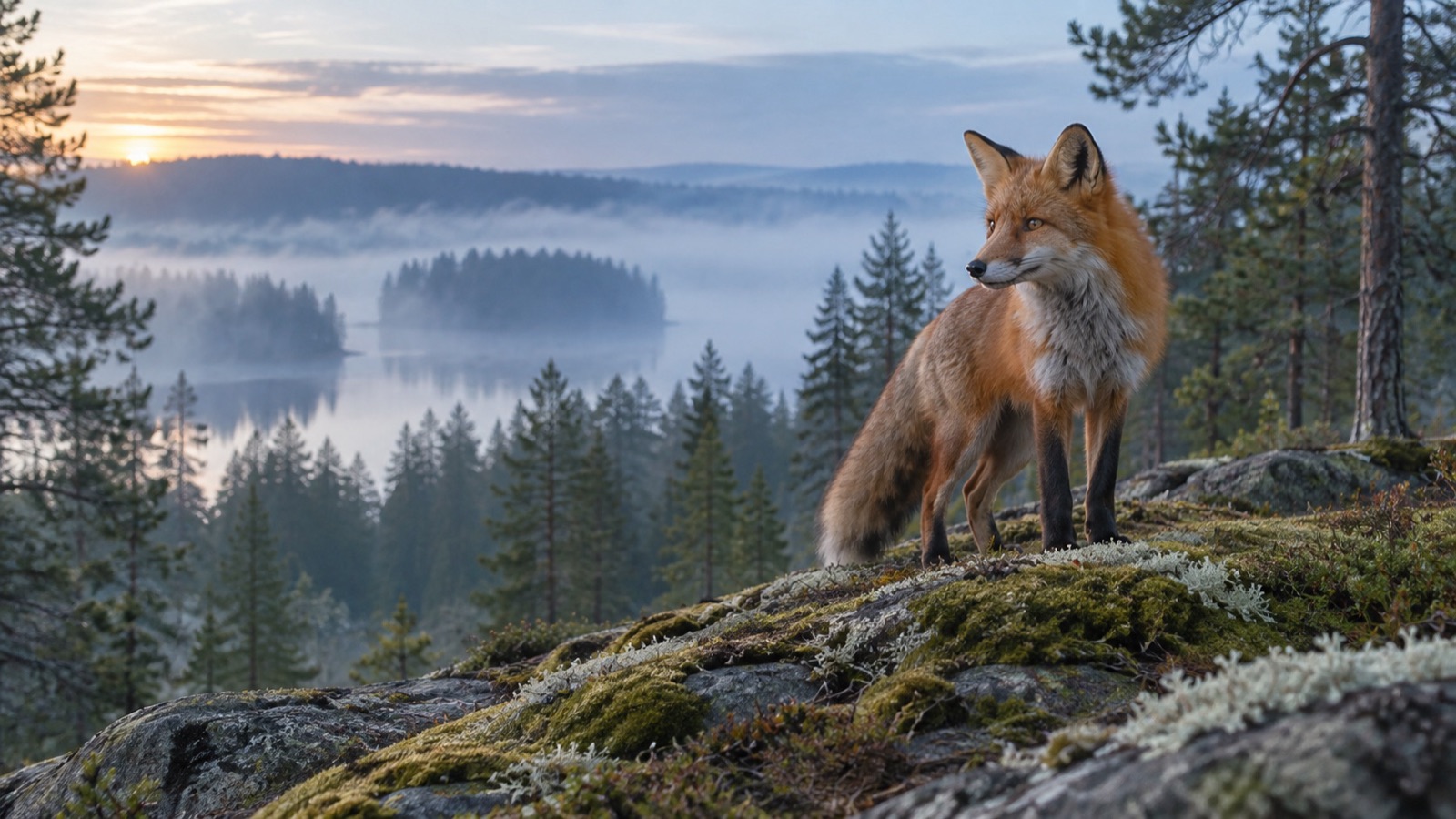 Ein Rotfuchs steht auf einem bemoosten Felsen über einem nebligen Waldsee in der Abenddämmerung